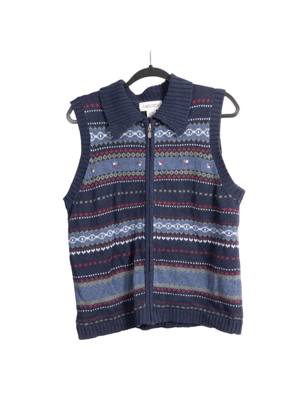 Cabin Creek Fair Isle Sweater Vest L 90s Full Zip Blue Green Cottagecore Momcore